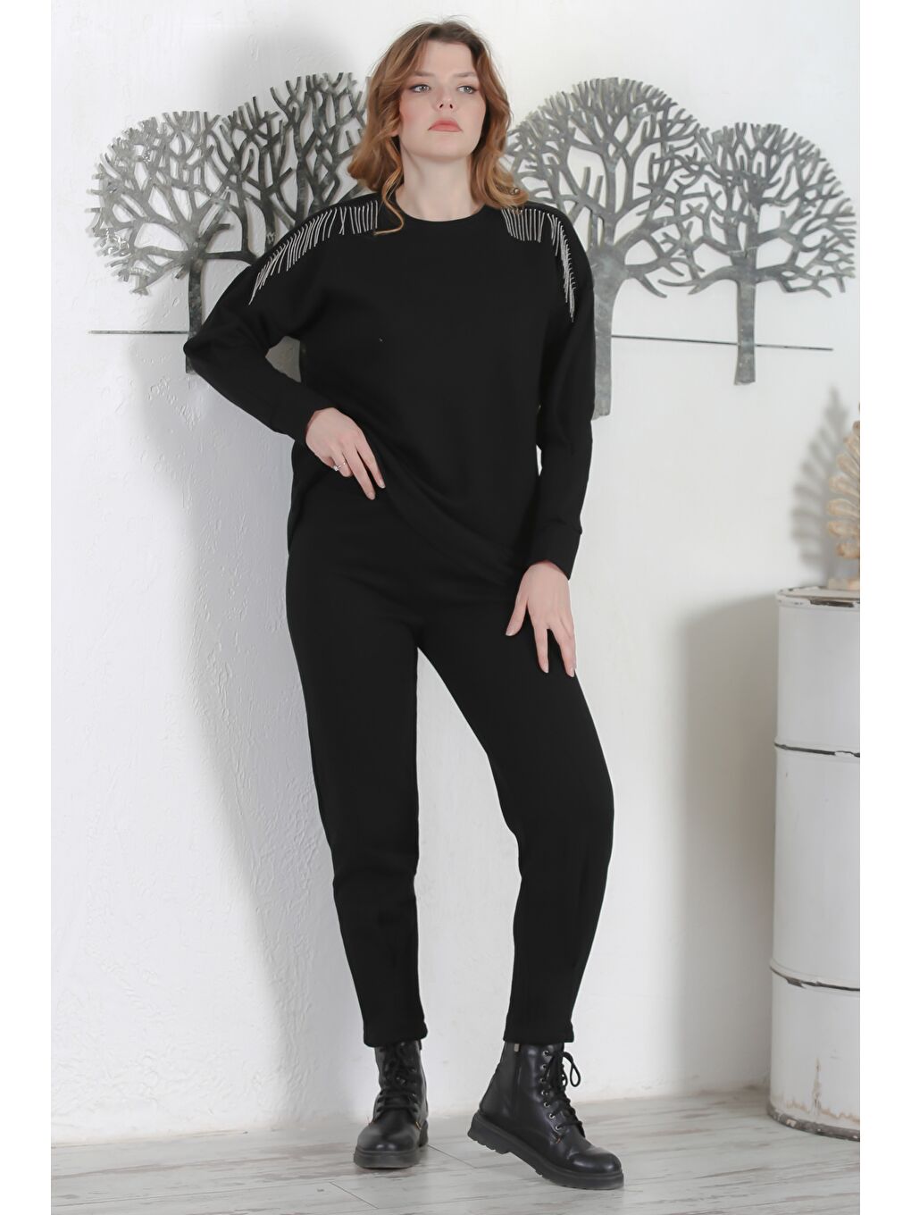 Siyah Balıkçı Yaka Manşetli Kollu Zincir Püsküllü Pliseli Casual Örme Alt Üst Takım 70-97 59-53-5