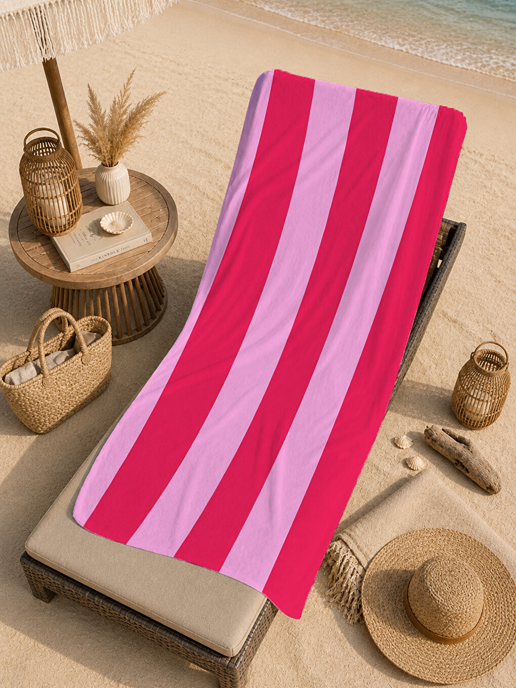Retro Fuşya Pembe Dikey Çizgili Desenli 70x150 Plaj Havlusu - Dijital Baskılı Solmaz Banyo Havlusu-3
