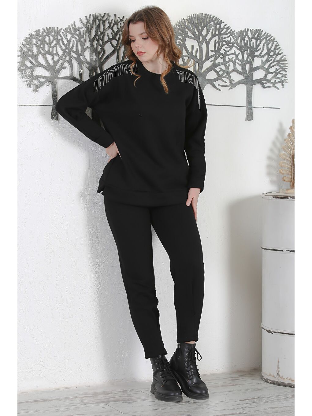 Siyah Balıkçı Yaka Manşetli Kollu Zincir Püsküllü Pliseli Casual Örme Alt Üst Takım 70-97 59-53-6