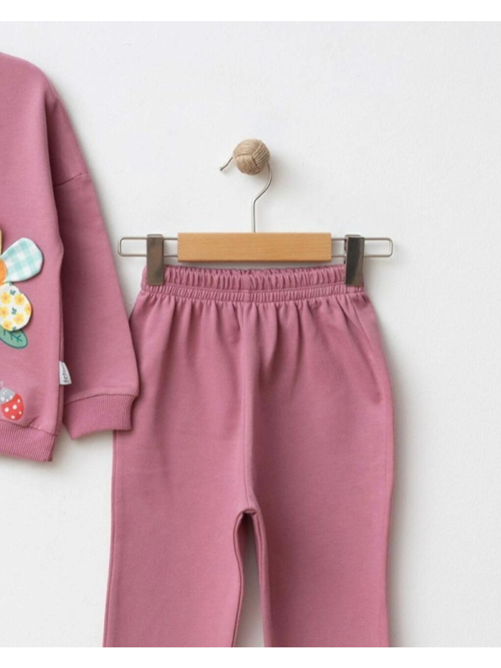 Pembe Kız Çocuk Mobil Çiçek Nakış Detaylı, İspanyol Paça Pantalonlu 2 İp Mevsimlik Alt Üst Takım-4