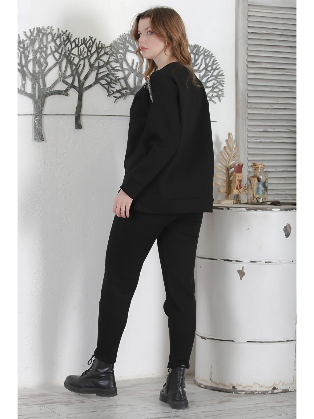 Siyah Balıkçı Yaka Manşetli Kollu Zincir Püsküllü Pliseli Casual Örme Alt Üst Takım 70-97 59-53-7