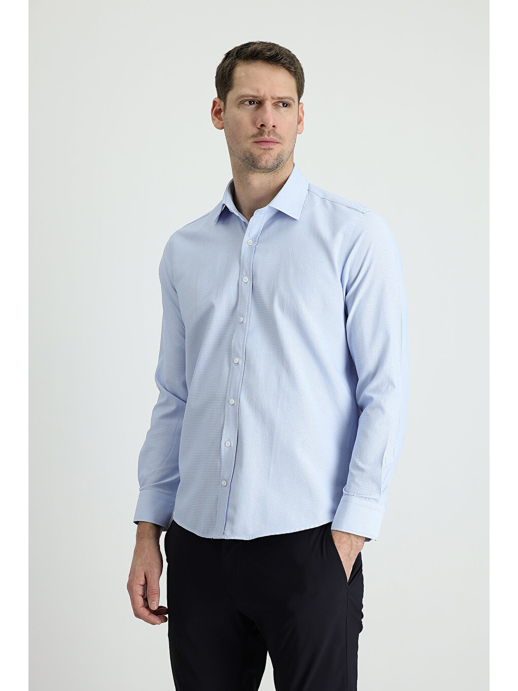 Mavi Uzun Kol Slim Fit Dar Kesim Klasik Desenli Pamuklu Kolay Ütülenebilir Gömlek-1
