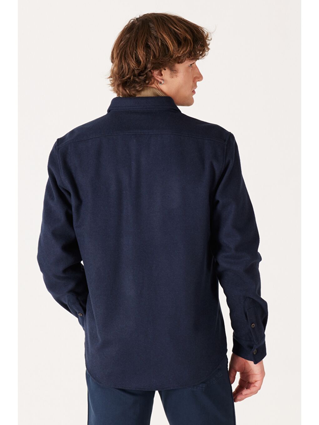 Loose Fit Geniş Kesim Lacivert Uzun Kollu Gömlek-5