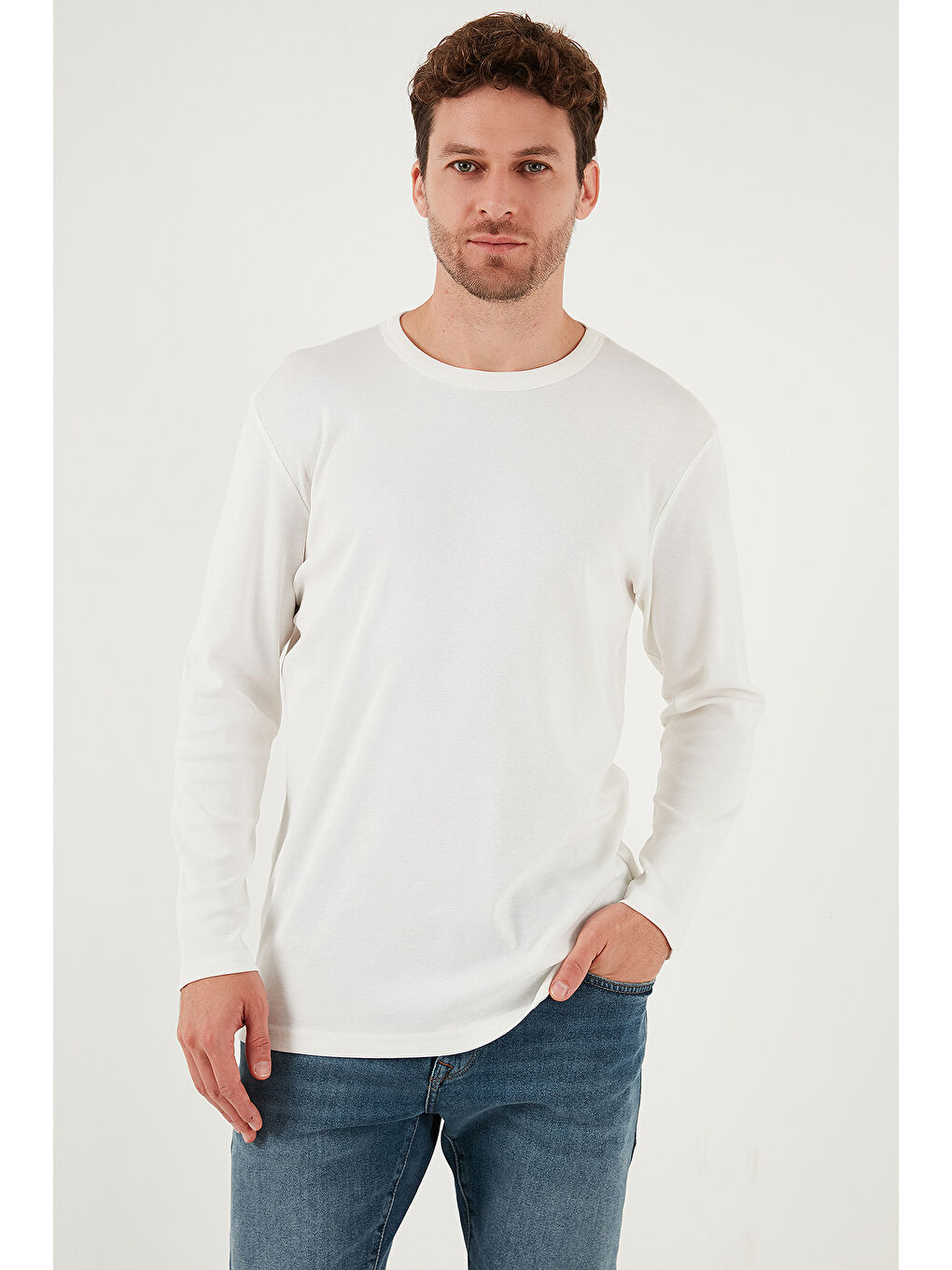 Ekru Pamuklu Slim Fit Bisiklet Yaka Basic Sweat 59050741