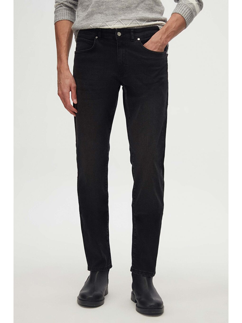 Slim Fit Antrasit Düz Jean Beş Cepli Elastanlı Yıkamalı Denim Pantolon