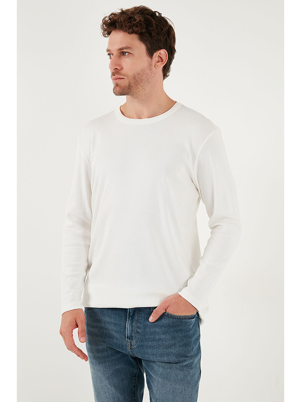 Ekru Pamuklu Slim Fit Bisiklet Yaka Basic Sweat 59050741-2