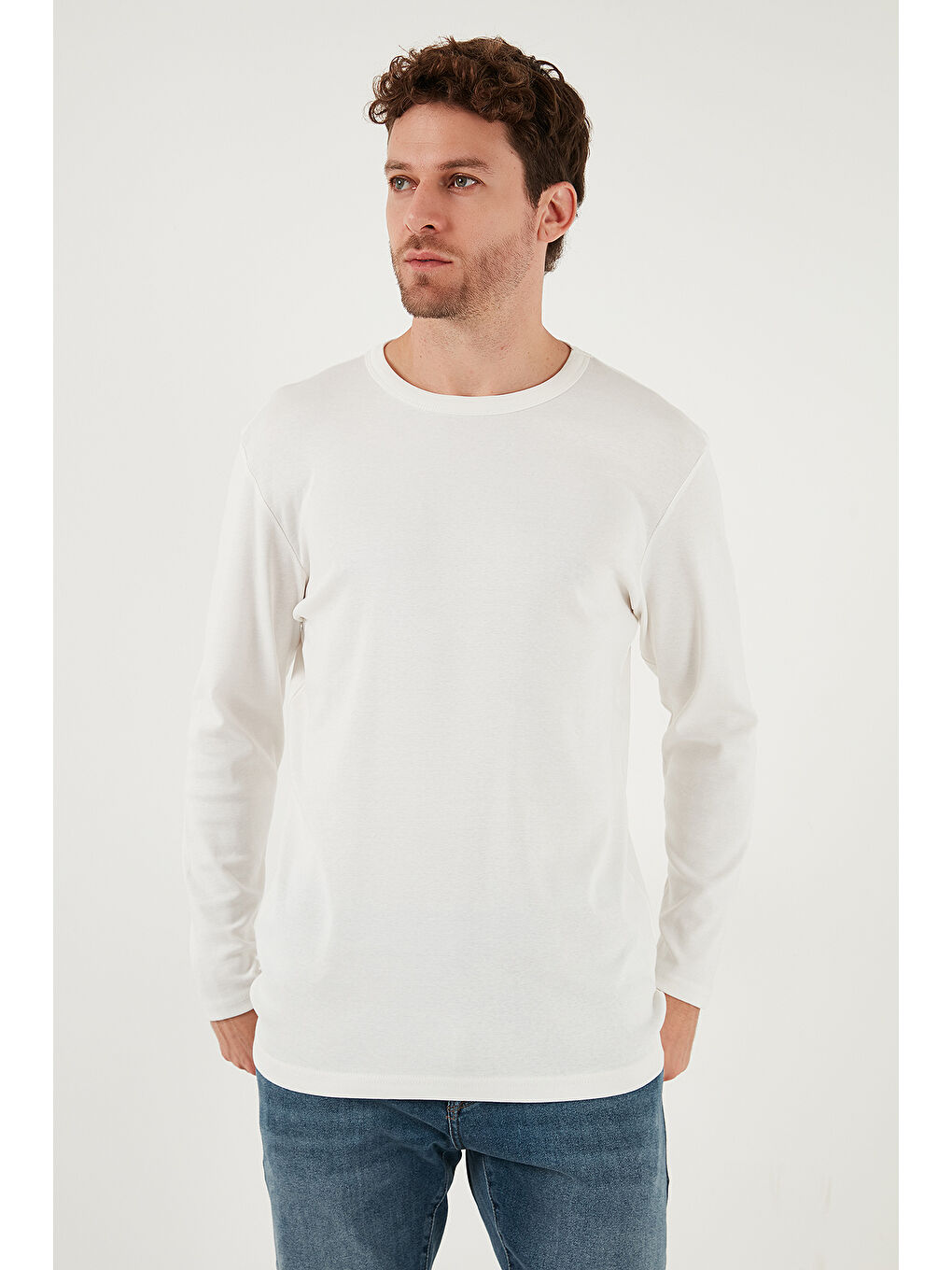 Ekru Pamuklu Slim Fit Bisiklet Yaka Basic Sweat 59050741-3