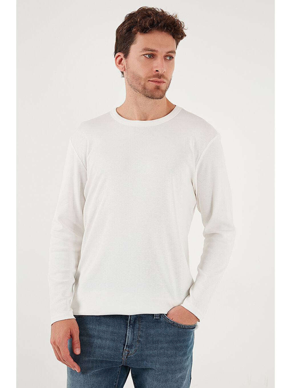 Ekru Pamuklu Slim Fit Bisiklet Yaka Basic Sweat 59050741-4