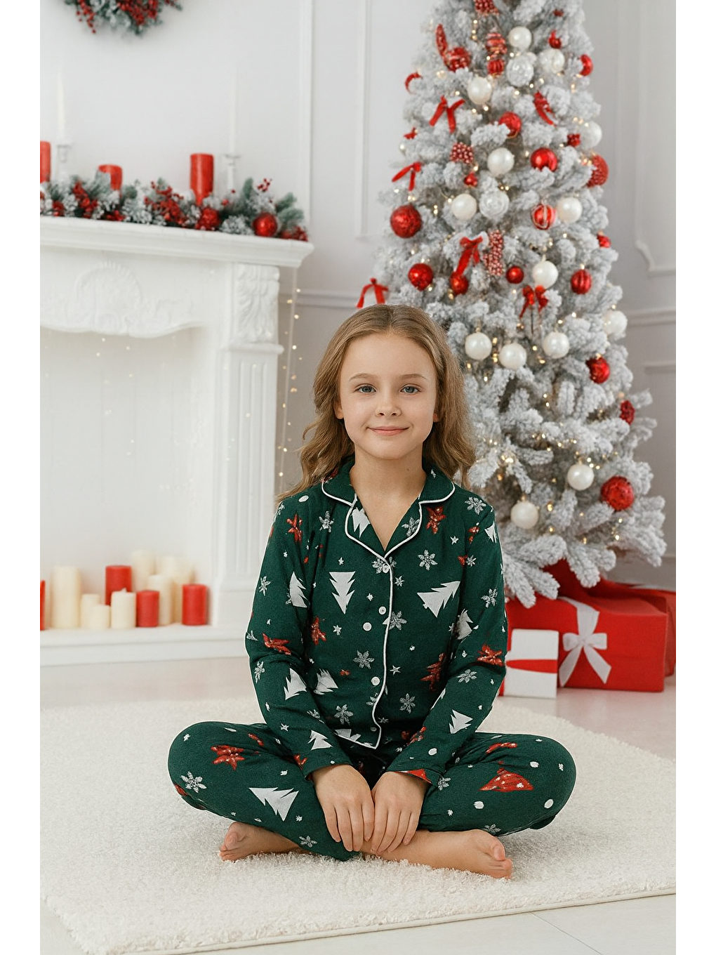 Yeşil Çam Ağaçlı Kız  Çocuk Pijama Takımı