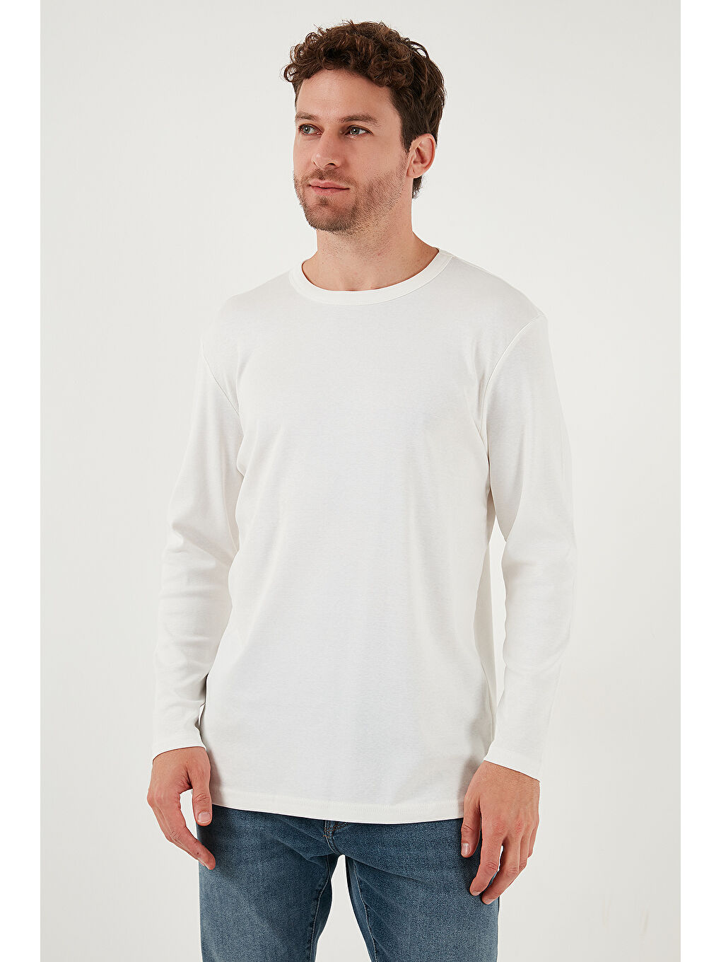 Ekru Pamuklu Slim Fit Bisiklet Yaka Basic Sweat 59050741-5