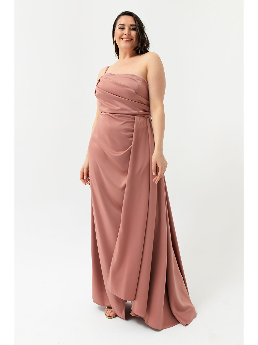 Pembe Kadın Somon Tek Omuzlu Büyük Beden Saten Abiye & Mezuniyet Elbisesi-1