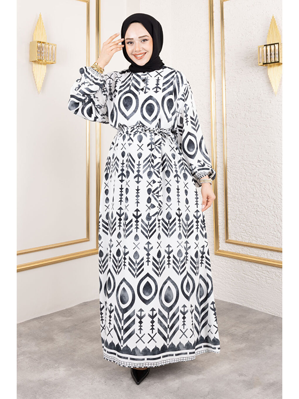 Damla Desenli Viskon Elbise TSD250140 Siyah