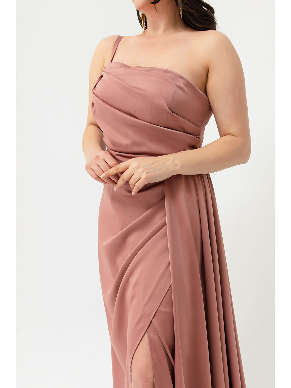 Pembe Kadın Somon Tek Omuzlu Büyük Beden Saten Abiye & Mezuniyet Elbisesi-3