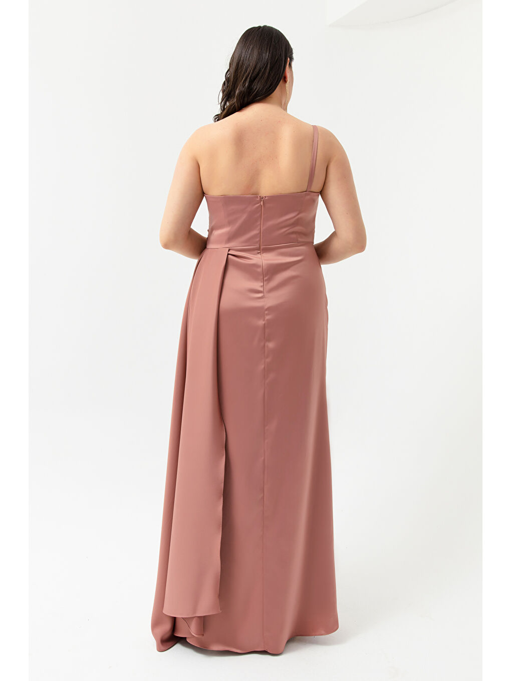 Pembe Kadın Somon Tek Omuzlu Büyük Beden Saten Abiye & Mezuniyet Elbisesi-4