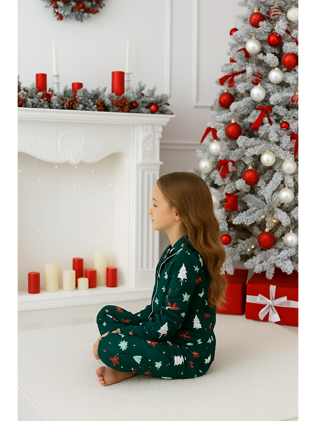 Yeşil Çam Ağaçlı Kız  Çocuk Pijama Takımı-1