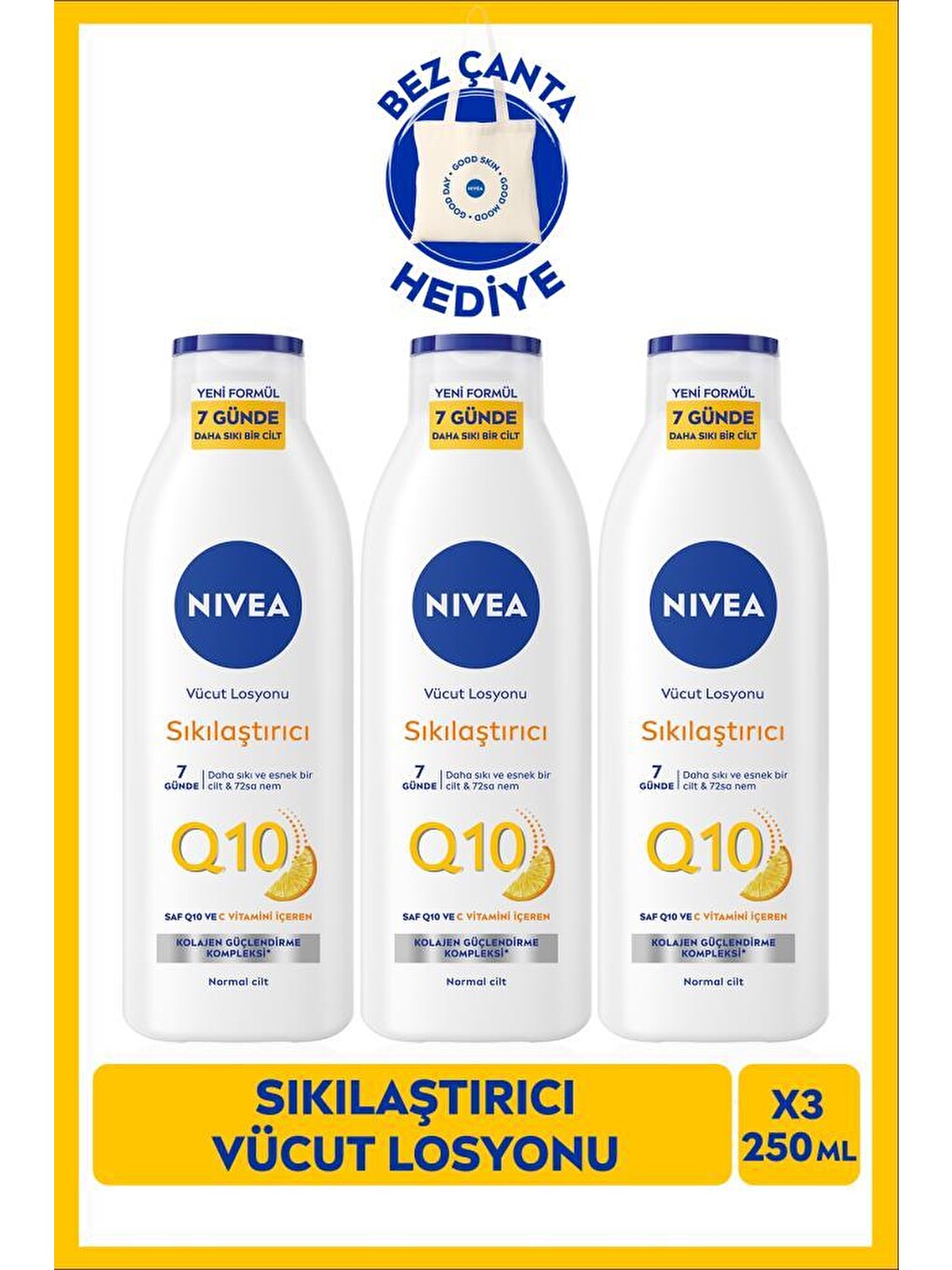 Q10 7 Günde Sıkılaştırıcı Vücut Bakım Losyonu 250ml, Nemlendirici, C Vitamini, X3 Adet