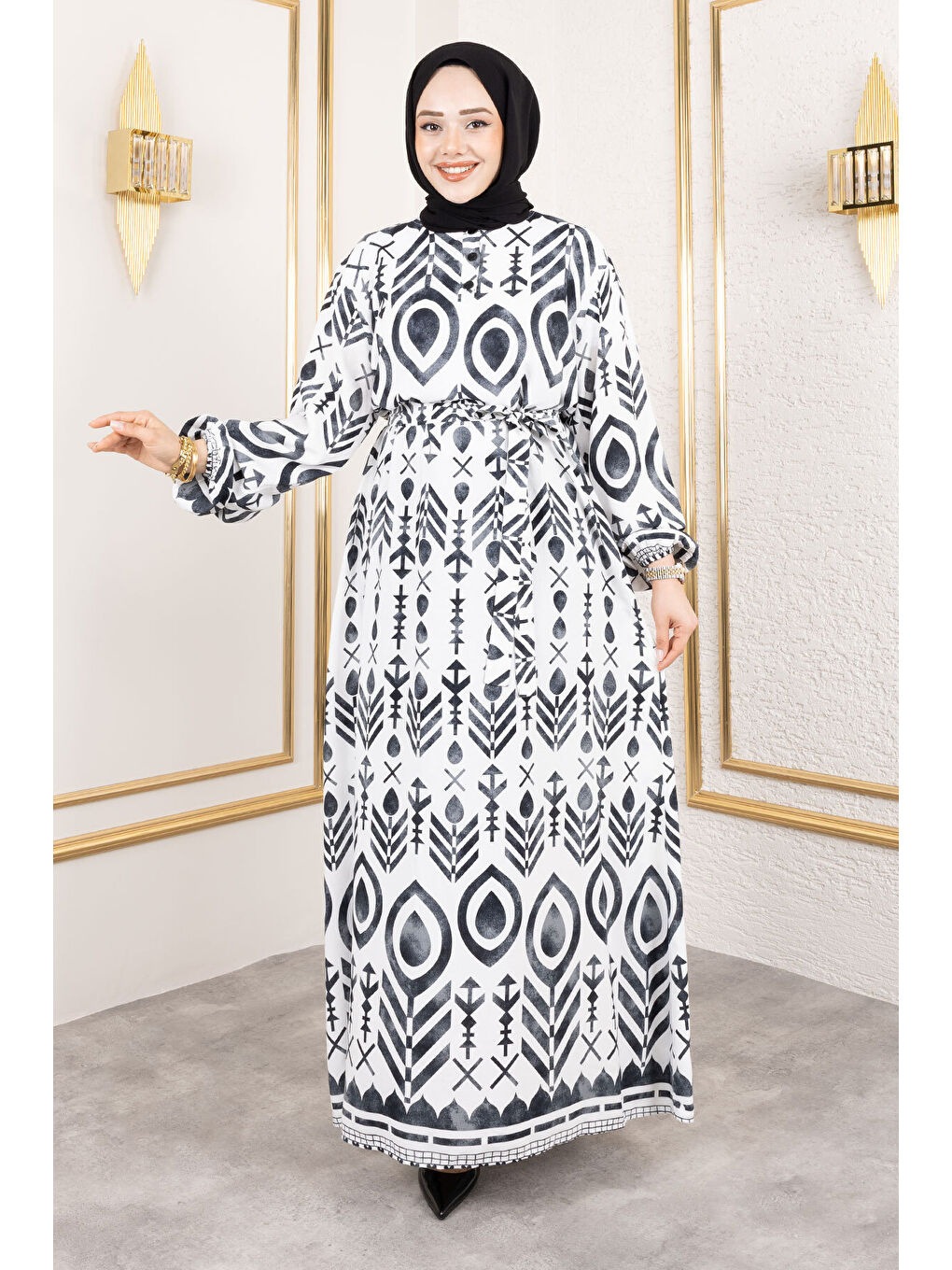 Damla Desenli Viskon Elbise TSD250140 Siyah-2