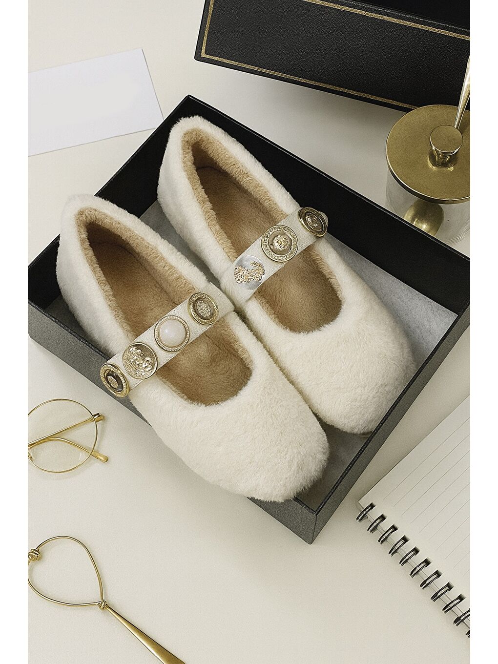 Ekru ZERA HOME Kadın Ev Babeti Kışlık İçi Yünlü Ev Ayakkabısı Panduf