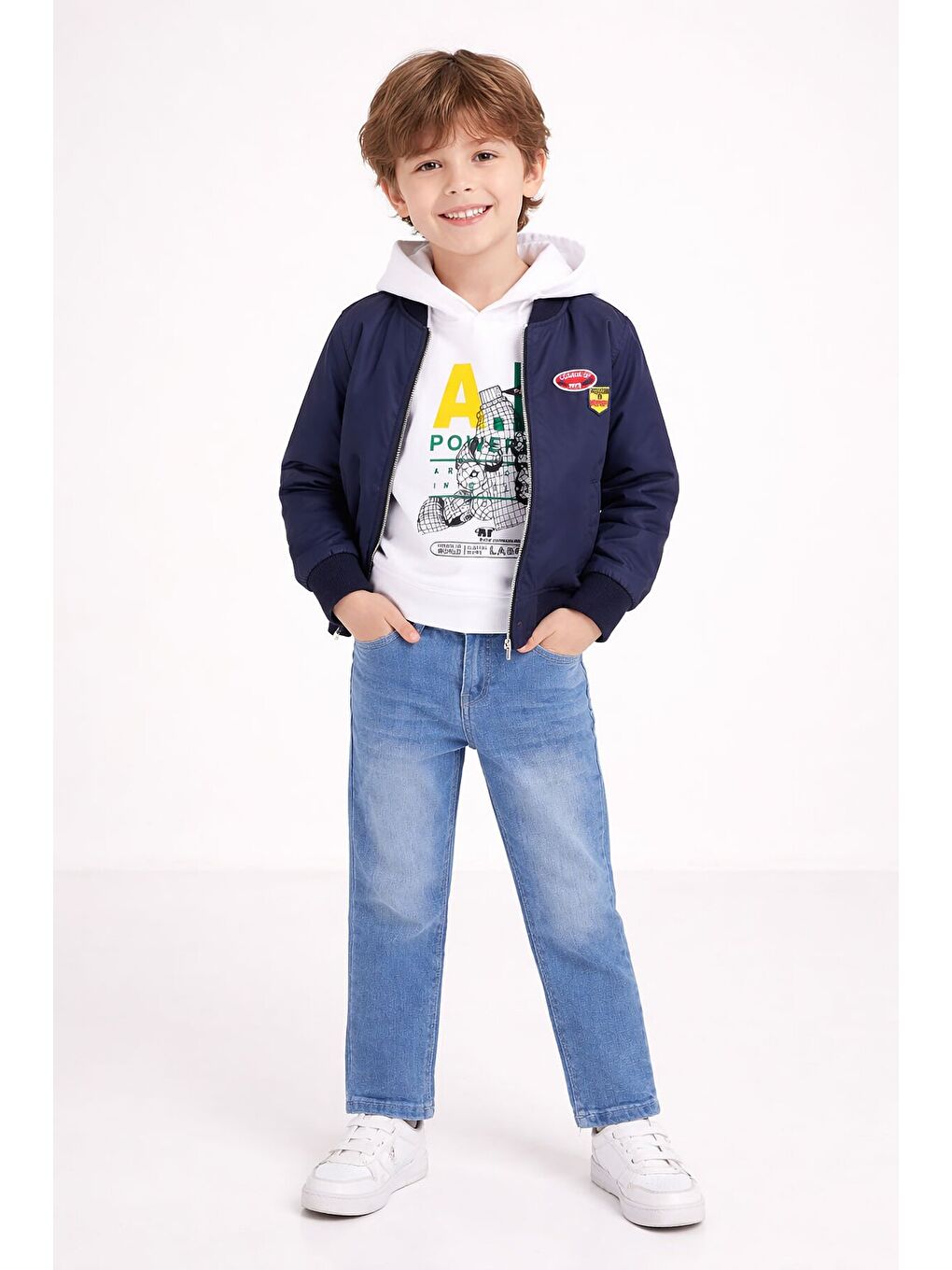 Lacivert Nakışlı Ceketli Jean Pantolonlu Erkek Çocuk Kapüşonlu 3lü Takım 23525