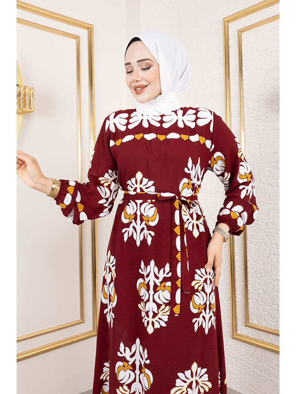 Şekilli Etnik Desenli Viskon Elbise TSD250193 Bordo-1