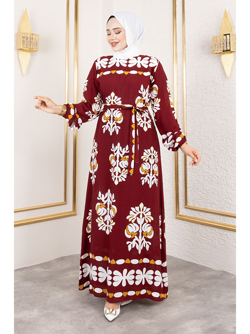 Şekilli Etnik Desenli Viskon Elbise TSD250193 Bordo-2