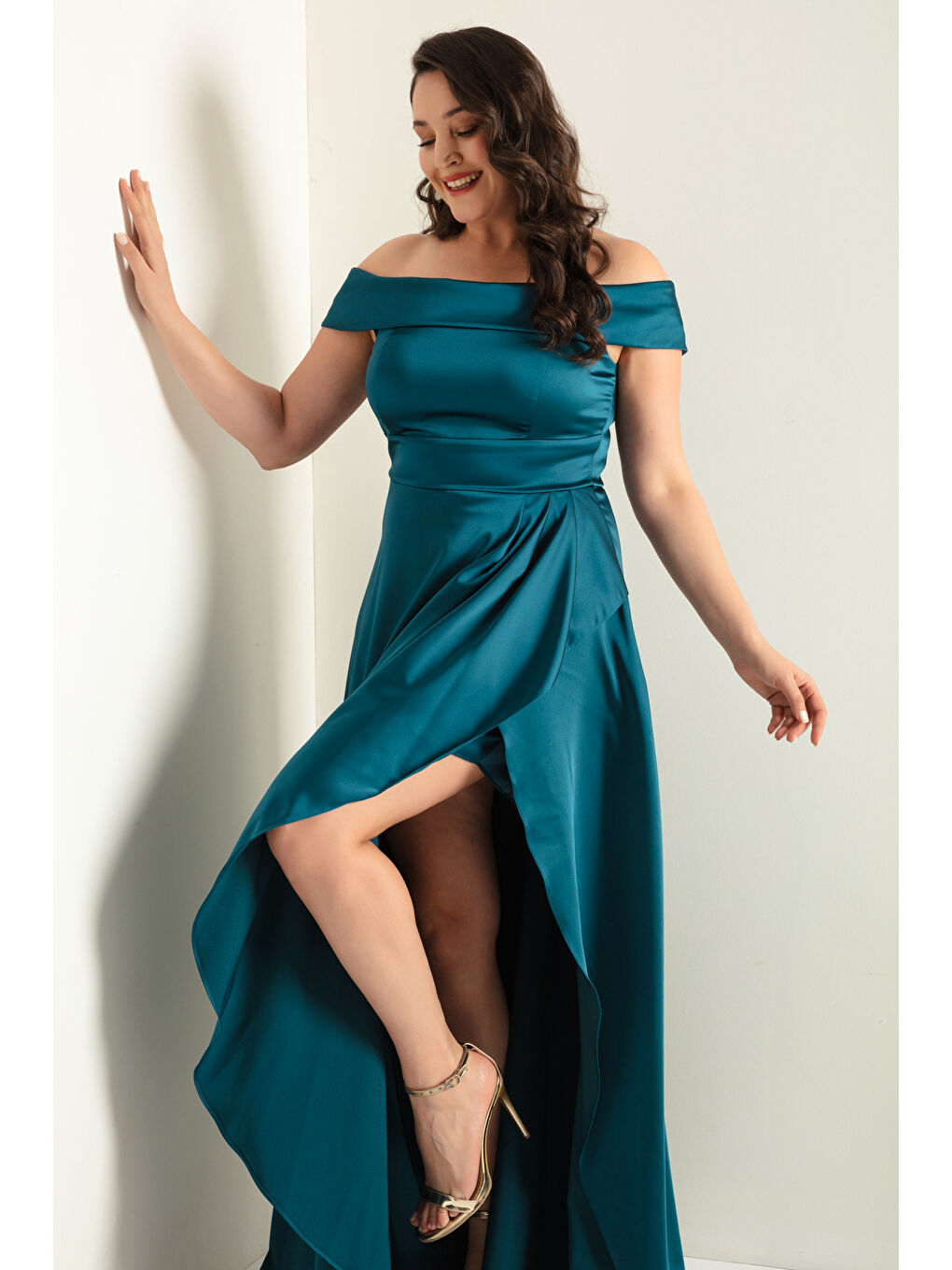 Kadın Petrol Kayık Yaka Büyük Beden Saten Abiye & Mezuniyet Elbisesi-1