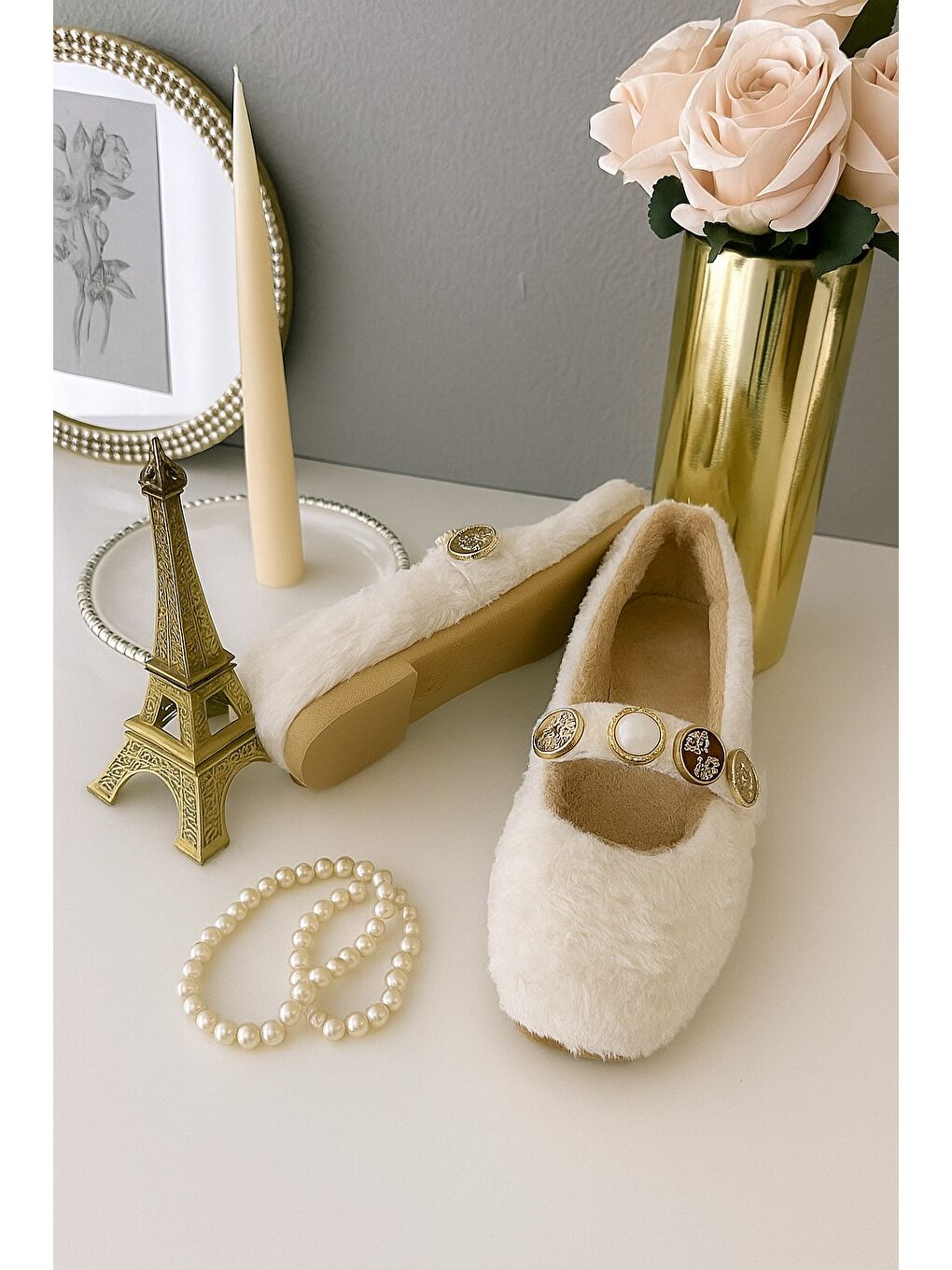 Ekru ZERA HOME Kadın Ev Babeti Kışlık İçi Yünlü Ev Ayakkabısı Panduf-1