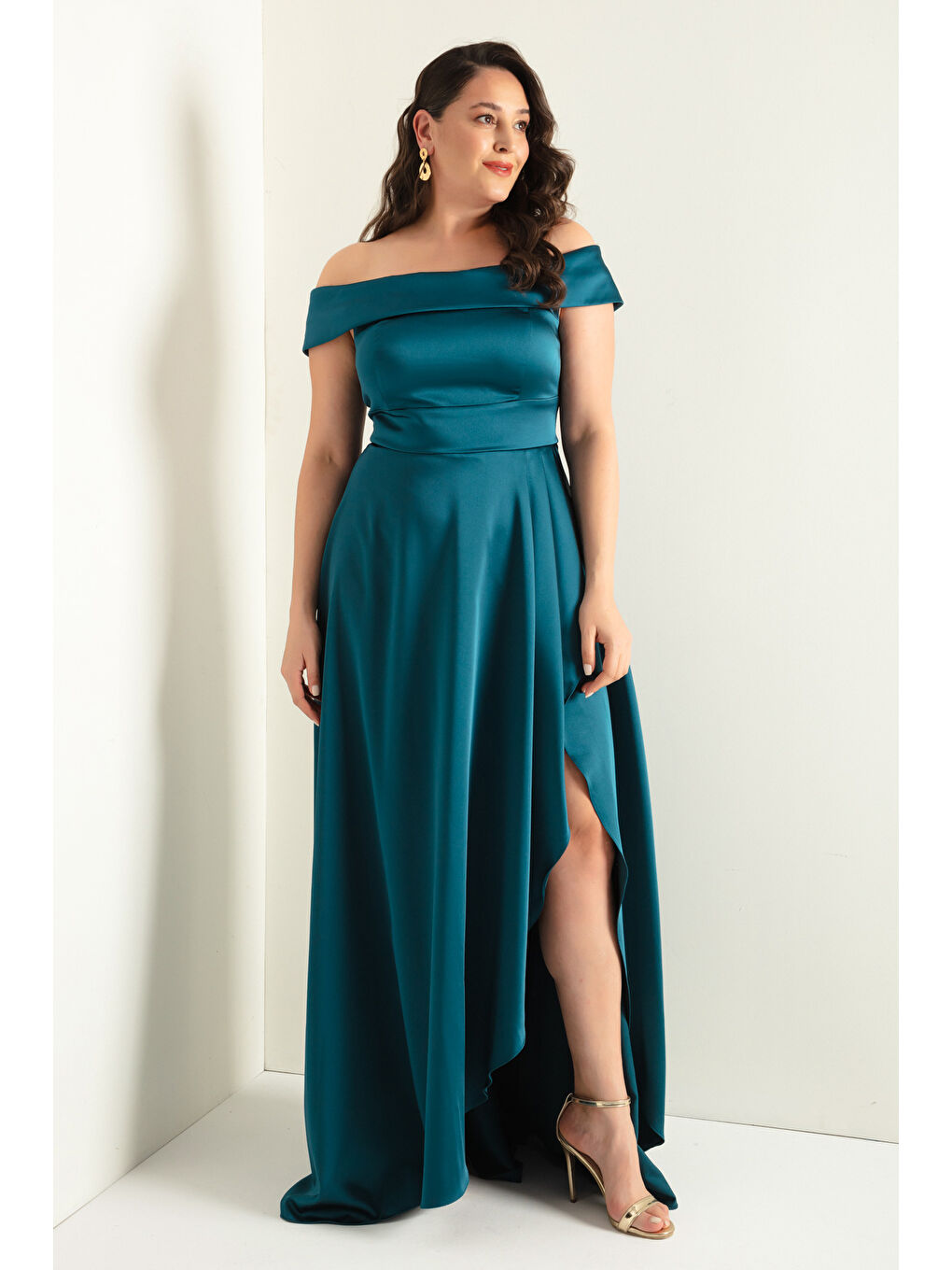 Kadın Petrol Kayık Yaka Büyük Beden Saten Abiye & Mezuniyet Elbisesi-2