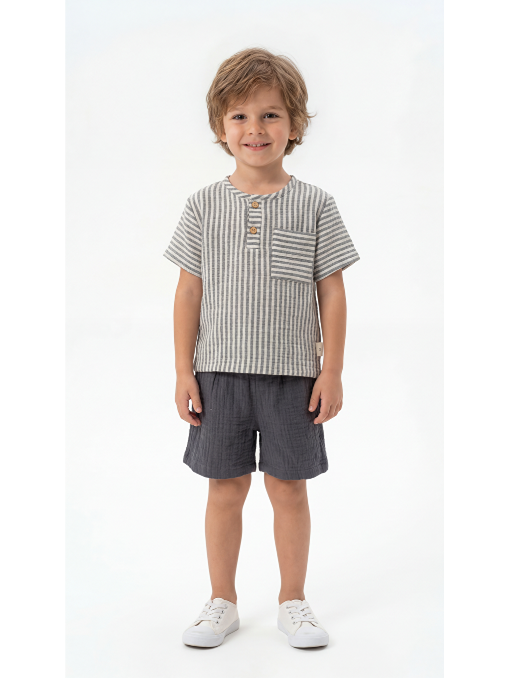 Gri Çizgili Kısa Kollu Erkek Çocuk Gömlek-Şort Takım