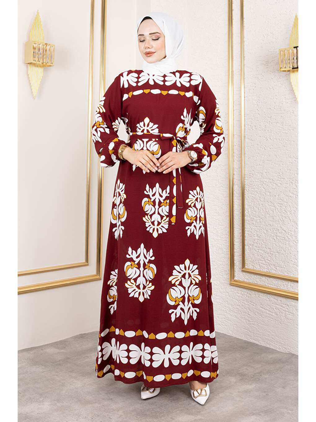 Şekilli Etnik Desenli Viskon Elbise TSD250193 Bordo-3