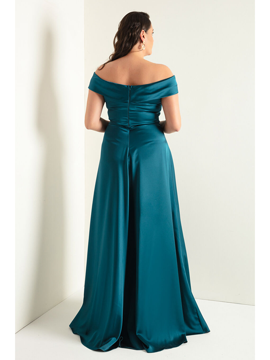 Kadın Petrol Kayık Yaka Büyük Beden Saten Abiye & Mezuniyet Elbisesi-4