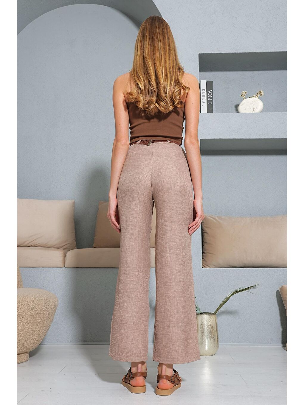 Kahverengi Beli Kemerli Yandan Gizli Fermuarlı Yüksek Bel Dokuma Pantolon-2