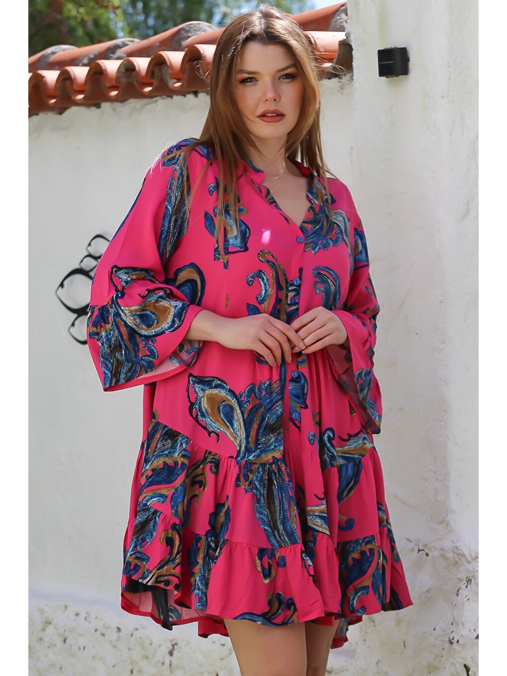 Fuşya V Yaka Fırfırlı Kol Şal Desenli Düğmeli Eteği Fırfırlı Casual Viskon Dokuma Elbise 95 60-2