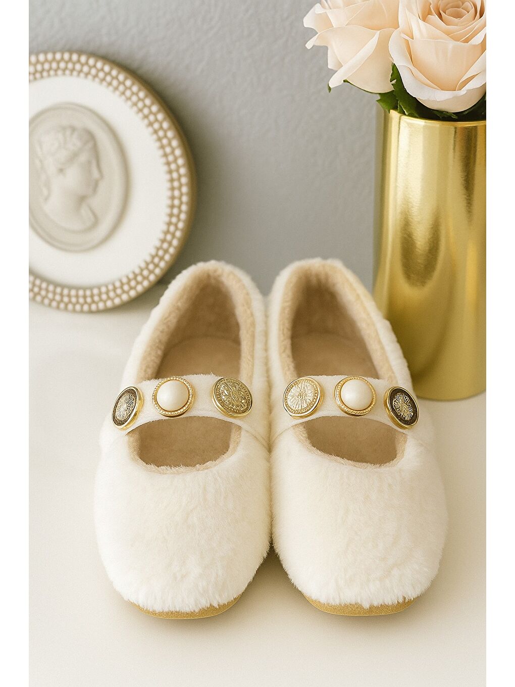 Ekru ZERA HOME Kadın Ev Babeti Kışlık İçi Yünlü Ev Ayakkabısı Panduf-2