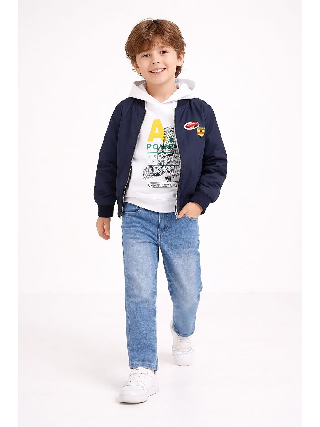 Lacivert Nakışlı Ceketli Jean Pantolonlu Erkek Çocuk Kapüşonlu 3lü Takım 23525-1