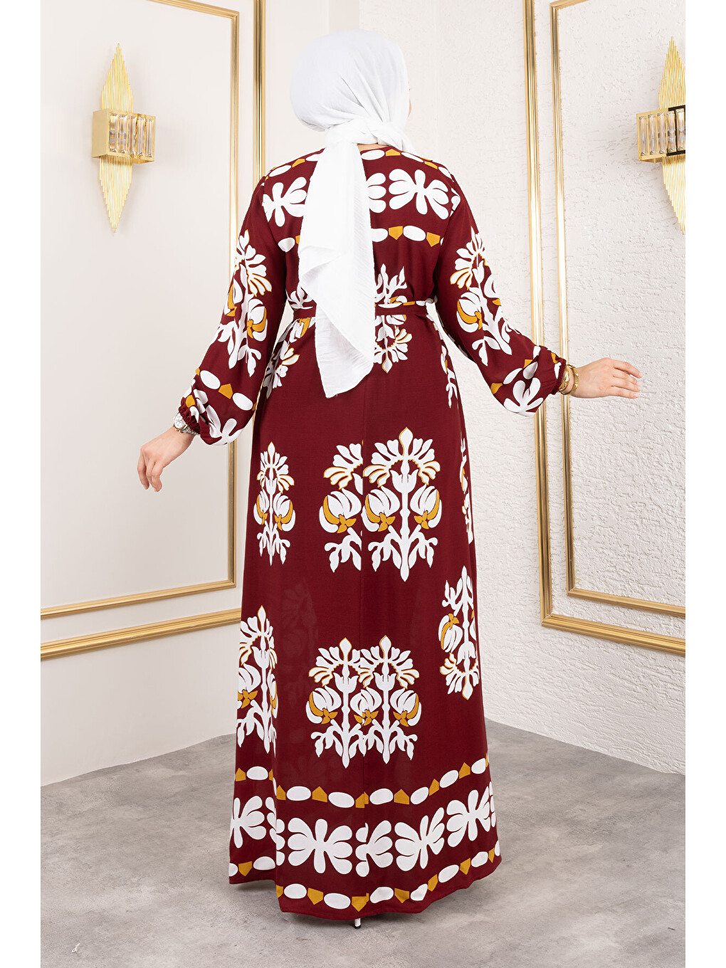 Şekilli Etnik Desenli Viskon Elbise TSD250193 Bordo-4