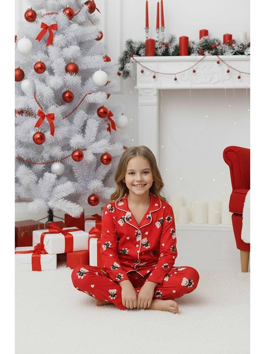 Kırmızı Ayıcıklı Kız  Çocuk Pijama Takımı-1