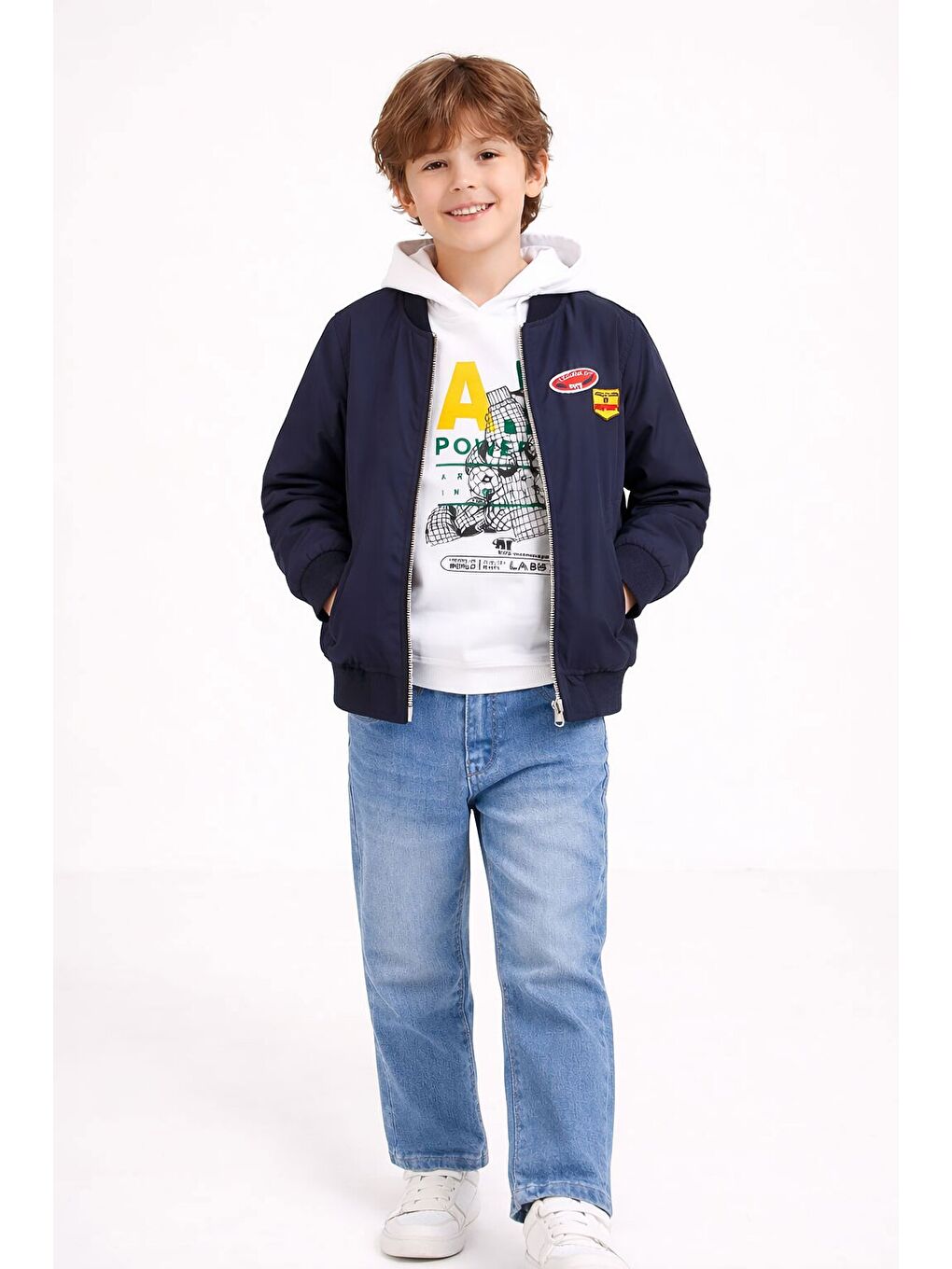 Lacivert Nakışlı Ceketli Jean Pantolonlu Erkek Çocuk Kapüşonlu 3lü Takım 23525-2