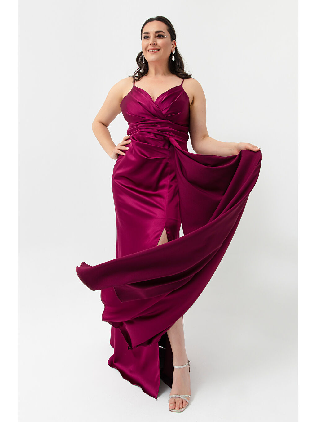 Kadın Mürdüm Büyük Beden Uzun Saten Abiye Elbise & Mezuniyet Elbisesi-1