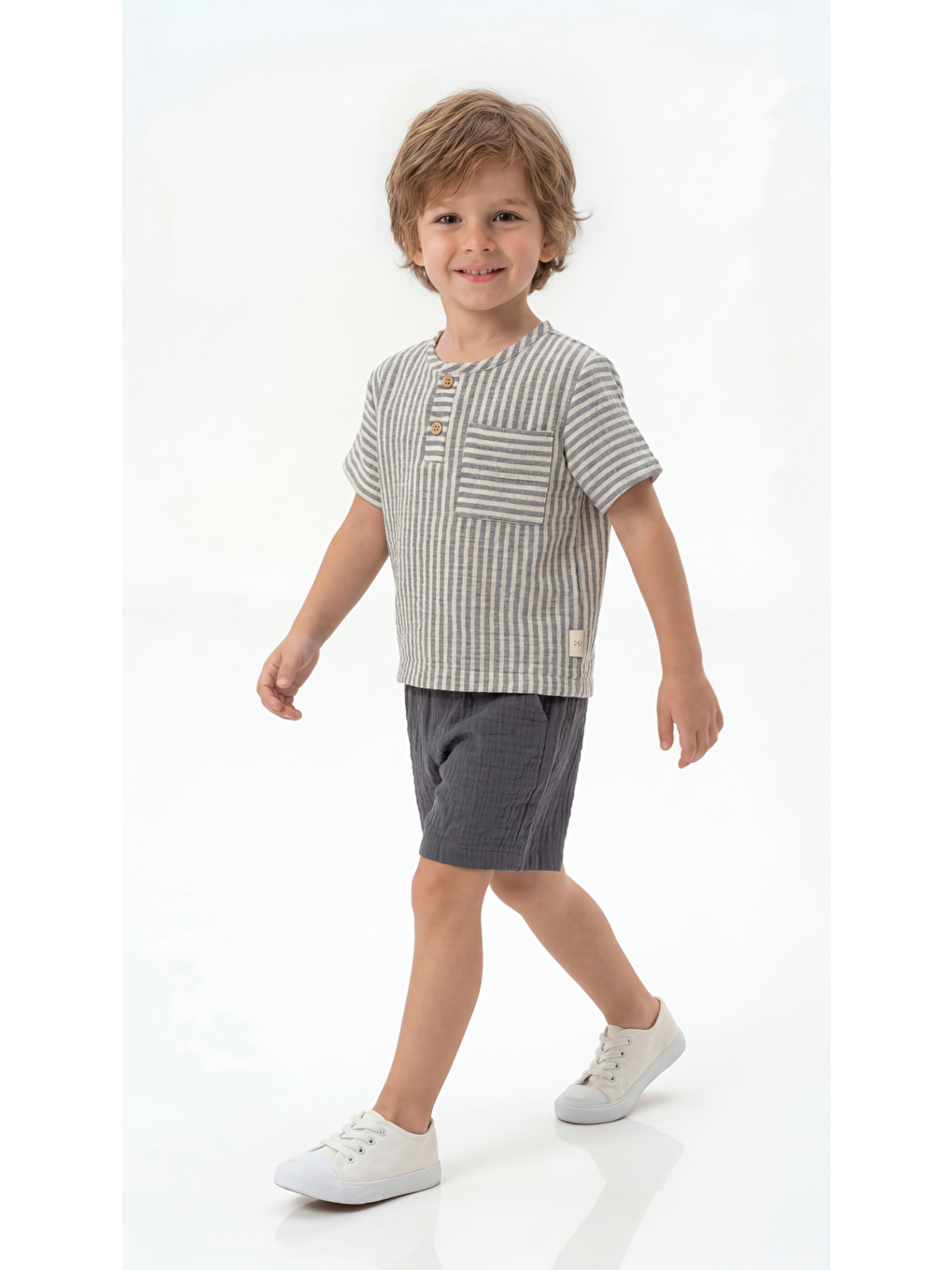Gri Çizgili Kısa Kollu Erkek Çocuk Gömlek-Şort Takım-1