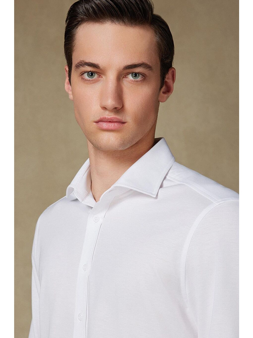 Floransa Jersey Pamuk Karışımlı Comfort Fit Beyaz Klasik Yaka Erkek Düz Gömlek-3