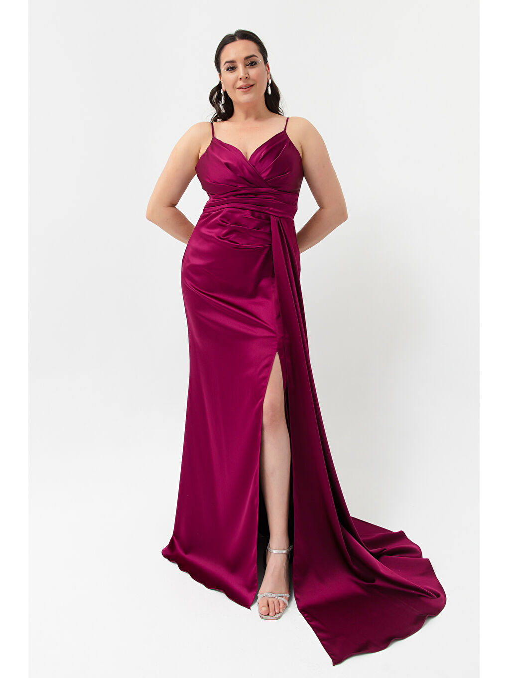 Kadın Mürdüm Büyük Beden Uzun Saten Abiye Elbise & Mezuniyet Elbisesi-3