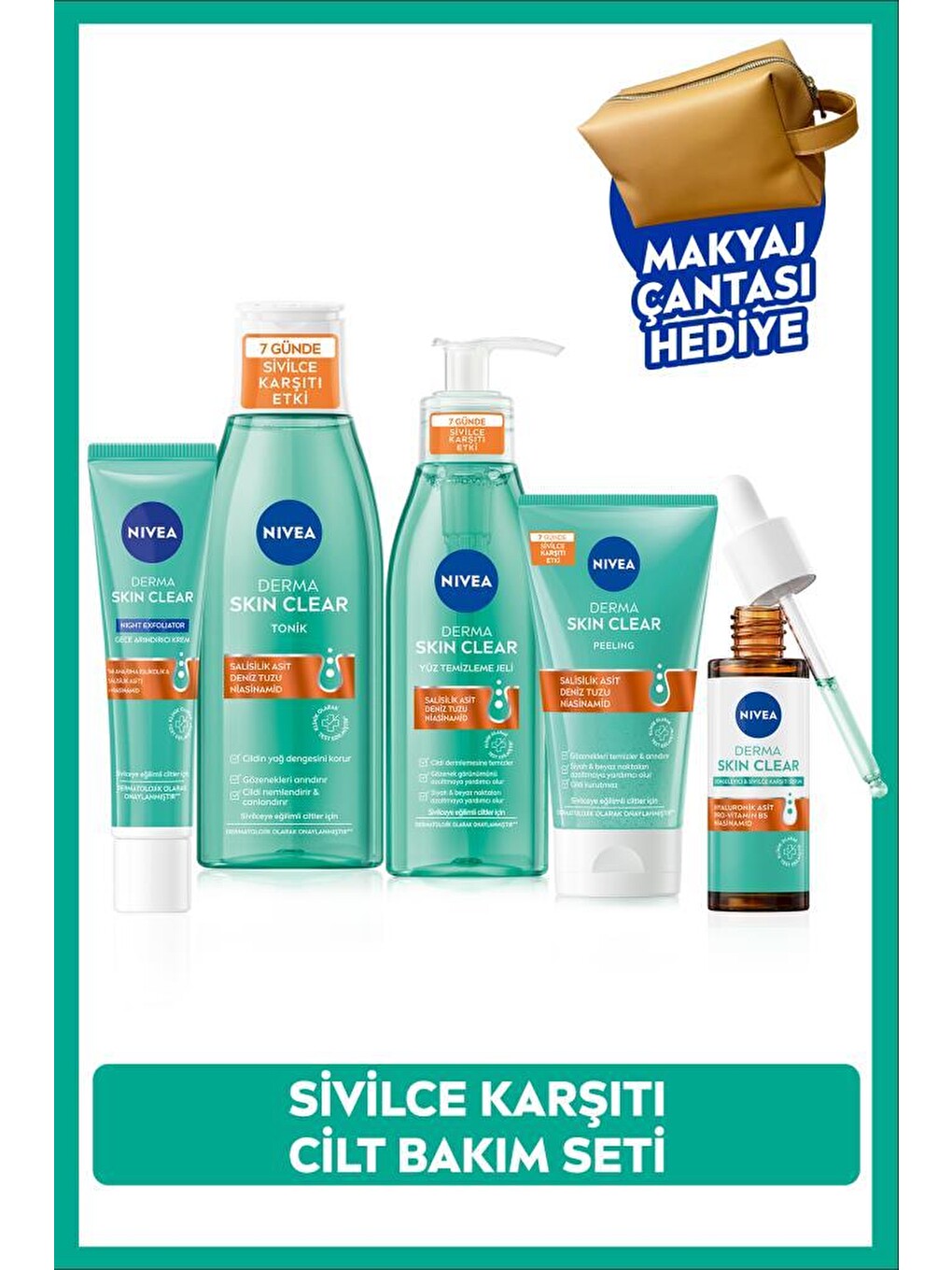 Derma Skin Clear Karşıtı Set, Serum, Yüz Temizleme Jeli,tonik, Peeling, Gece Kremi Ve Çanta