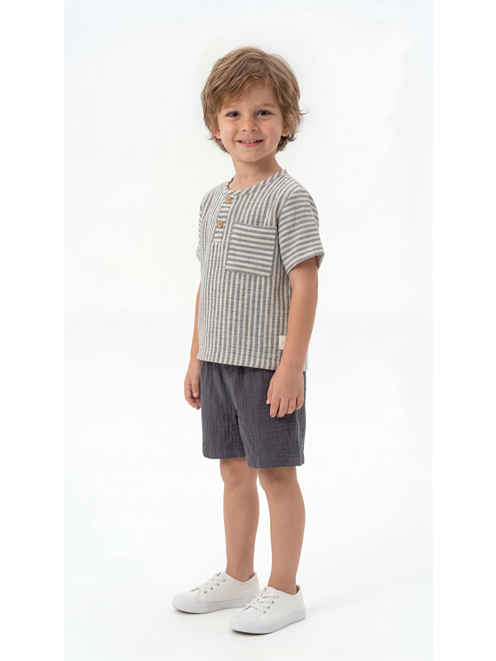 Gri Çizgili Kısa Kollu Erkek Çocuk Gömlek-Şort Takım-2