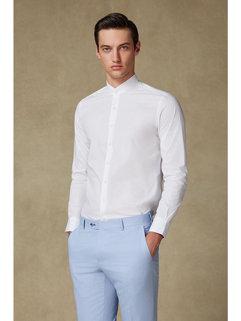 Mao Poplin Stretch Pamuk Karışımlı Slim Fit Beyaz Hakim Yaka Erkek Düz Gömlek