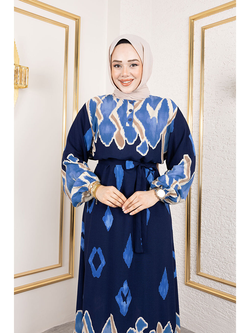 Renk Garnili Tesettür Elbise TSD250143 Lacivert-1