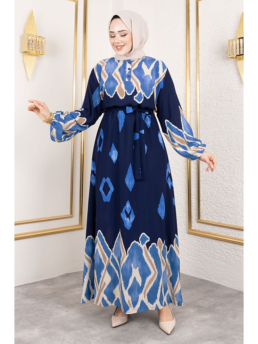 Renk Garnili Tesettür Elbise TSD250143 Lacivert-2