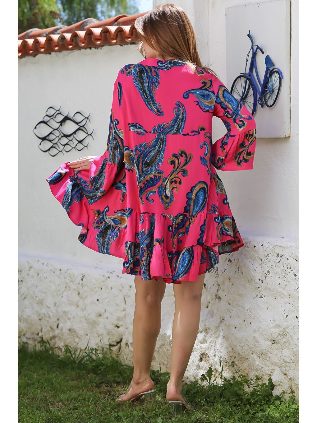 Fuşya V Yaka Fırfırlı Kol Şal Desenli Düğmeli Eteği Fırfırlı Casual Viskon Dokuma Elbise 95 60-5