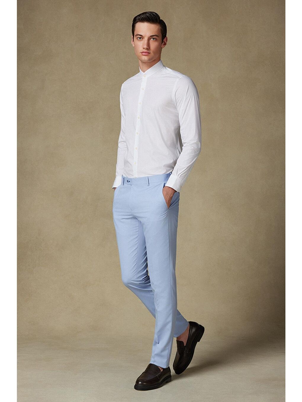 Mao Poplin Stretch Pamuk Karışımlı Slim Fit Beyaz Hakim Yaka Erkek Düz Gömlek-2