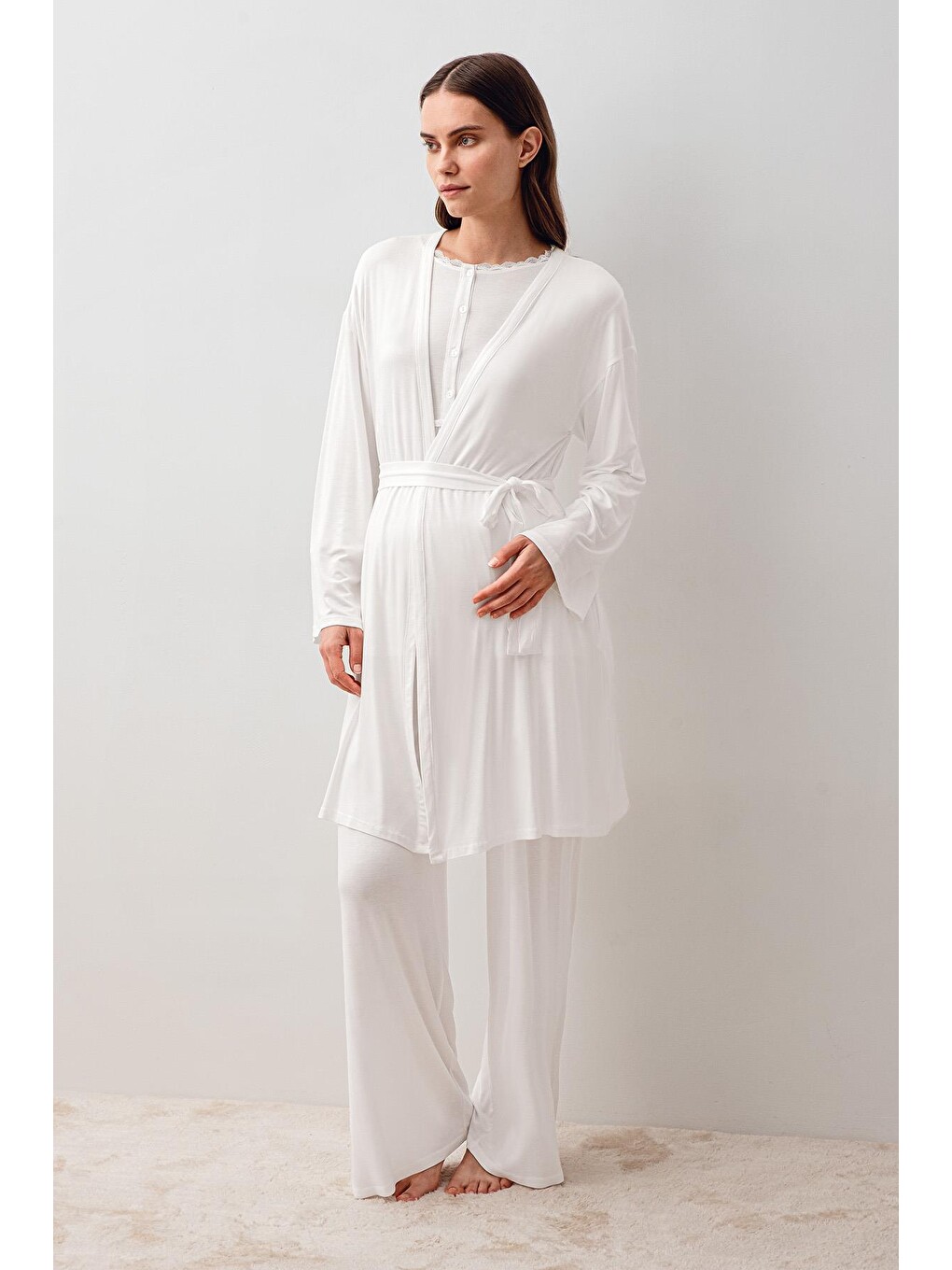 Ekru Uzun Kollu Elastanlı Viskoz Hamile Sabahlık Pijama Takım 20302